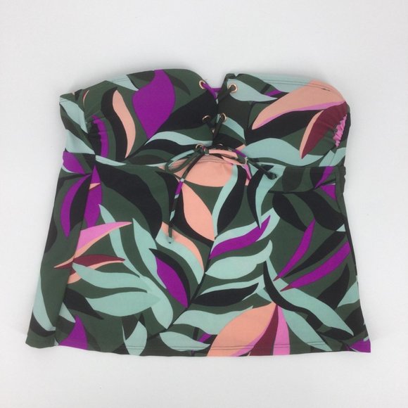 Hula Honey Green Swim Top Size Medium Tankini Tropical Print Lace Up Strapless - Picture 2 of 8